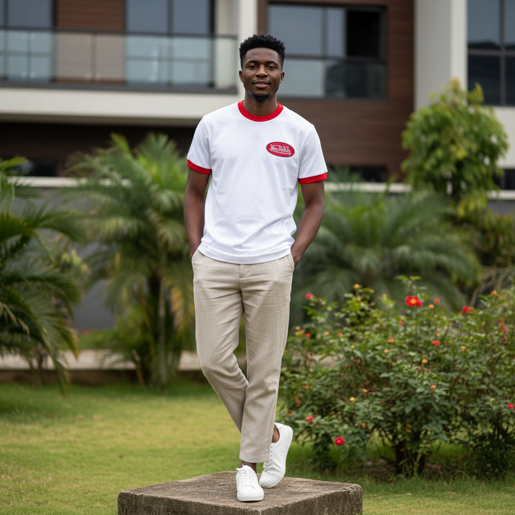 Men's White Red Trim Ringer T-Shirt – Nigerian Male Model Shot