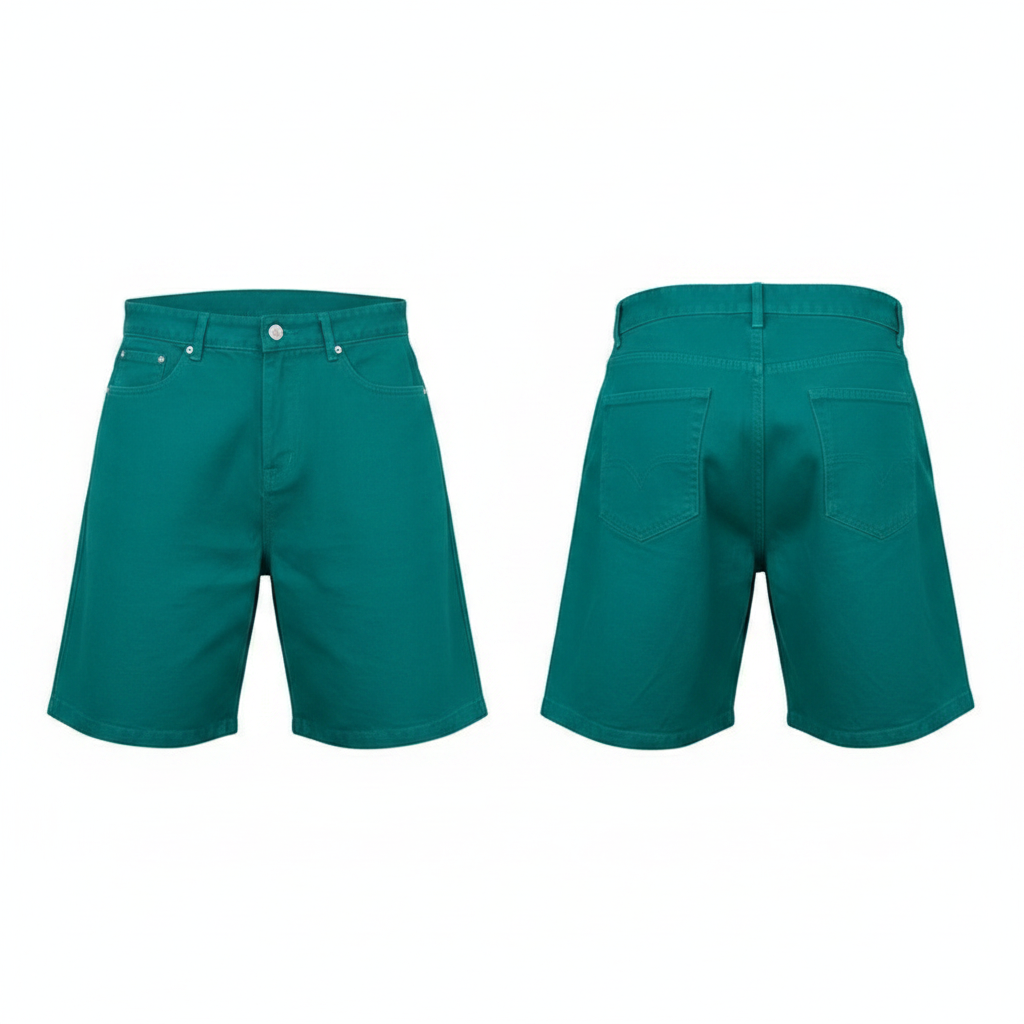 Men's teal emerald green wide-leg denim shorts ghost mannequin front and back view