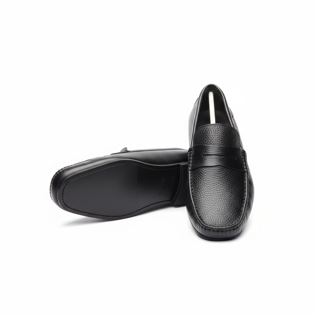 Men's black pebbled leather penny loafer pair ghost mannequin front and sole view