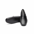 Men's black pebbled leather penny loafer pair ghost mannequin front and sole view