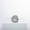 Silver diamond rhinestone flat mule slide on white platform – studio shot