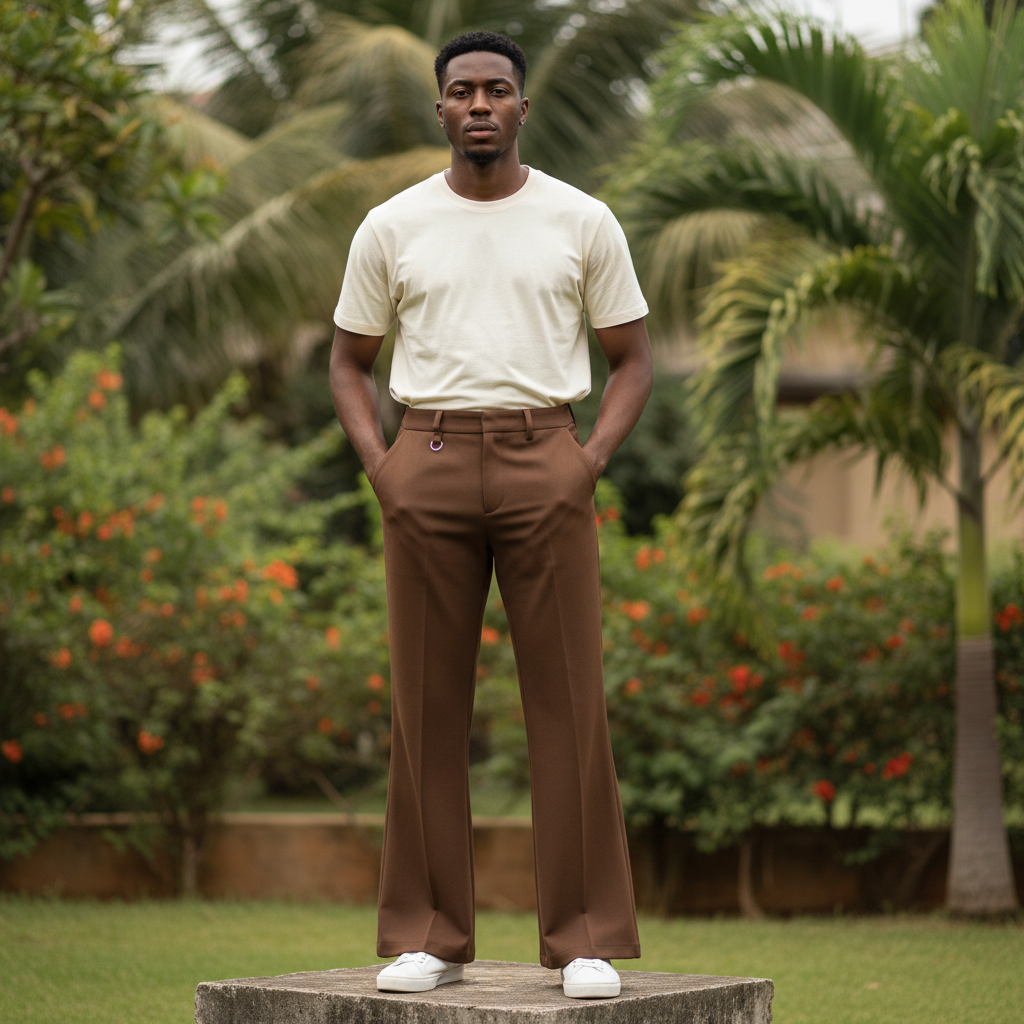 Men's Chocolate Brown Wide-Leg Palazzo Trousers – Nigerian Male Model Shot