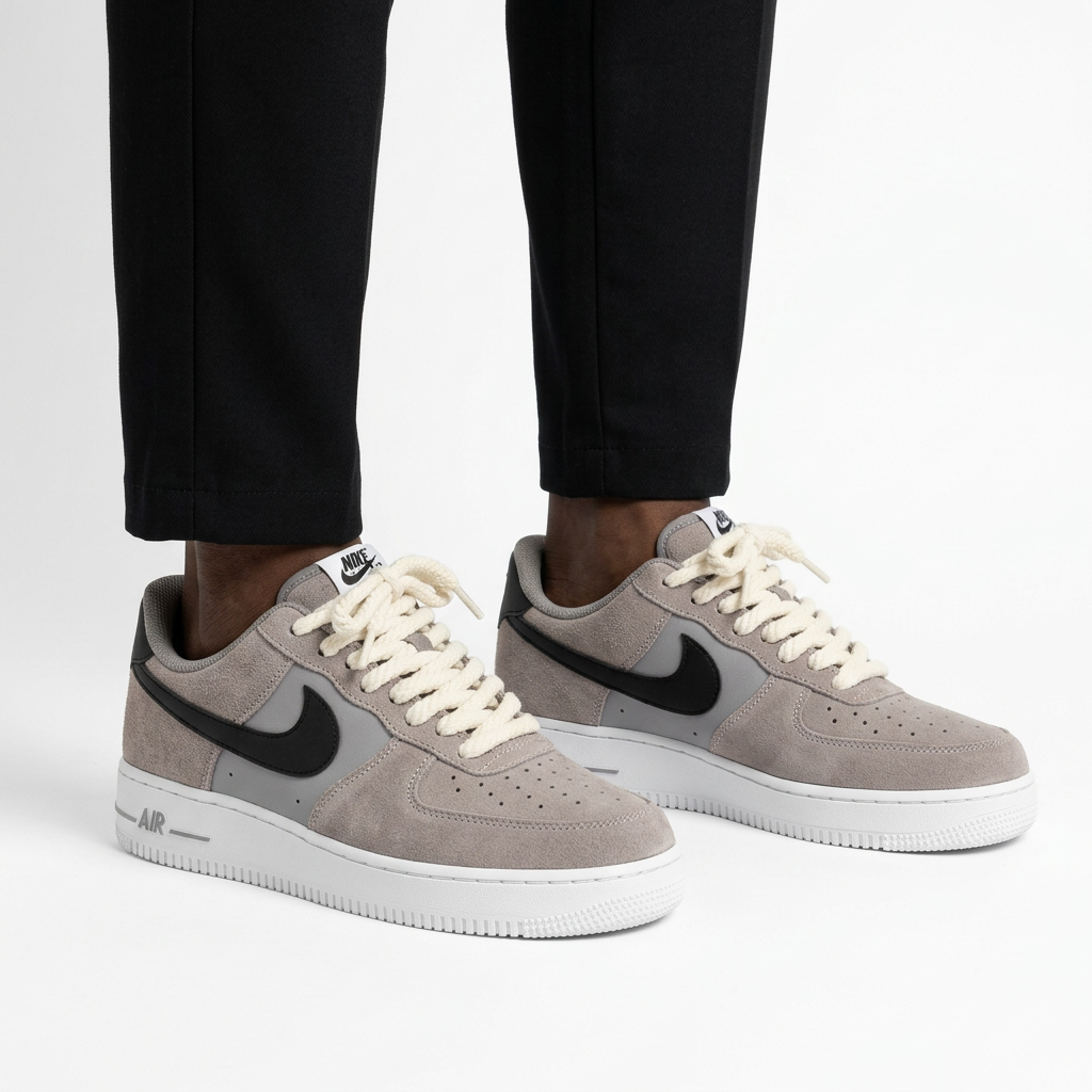 Grey low-top sneakers with black side detail worn with black trousers