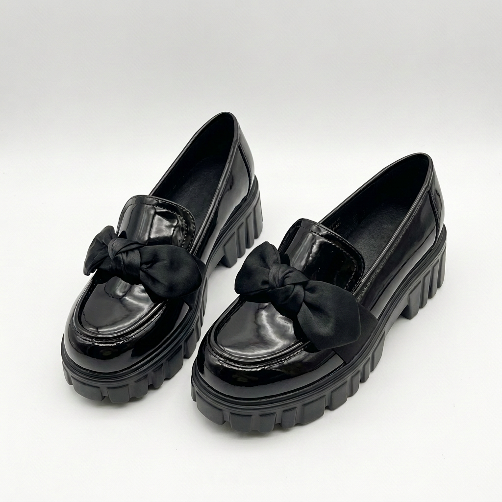Complete matching pair of black glossy bow chunky-sole loafers