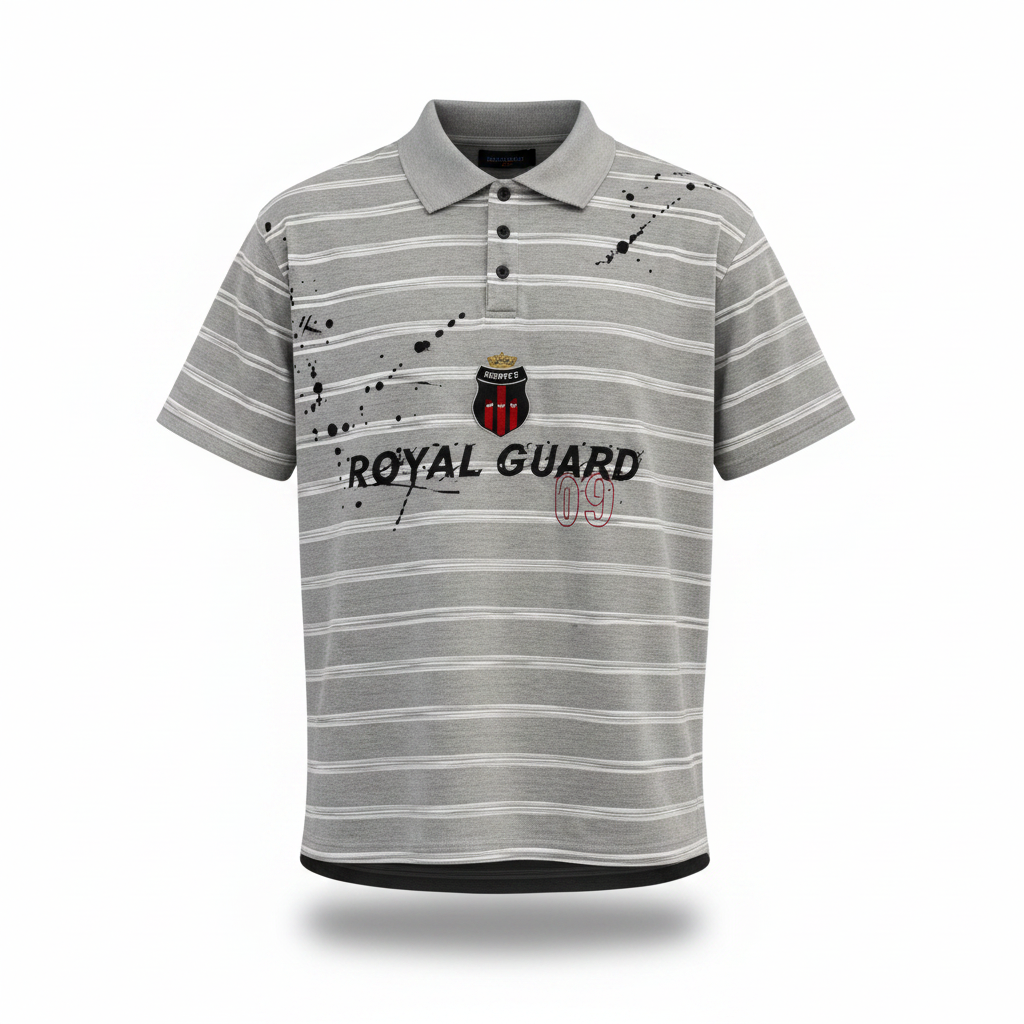 Grey striped Royal Guard polo shirt shown in worn shape on a white background