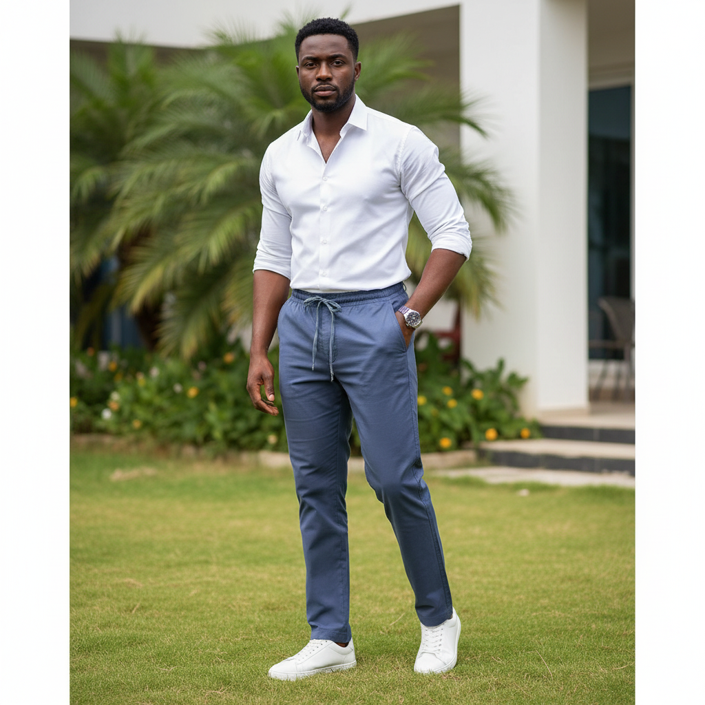 Nigerian male model wearing blue drawstring trousers in outdoor setting