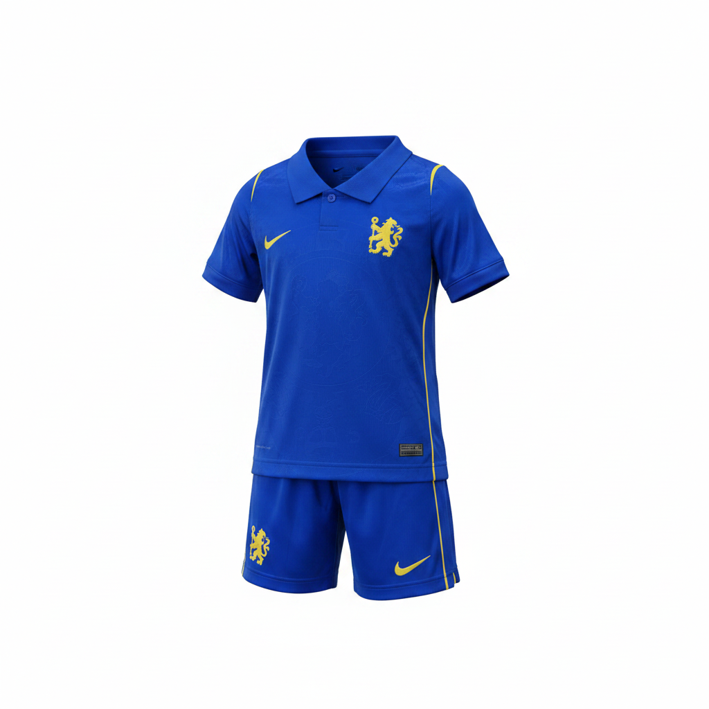 Chelsea FC kids football kit ghost mannequin — royal blue Nike jersey and shorts with gold lion crest