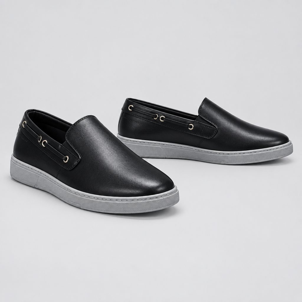 Men's black silver eyelet slip-on sneakers, front and side view