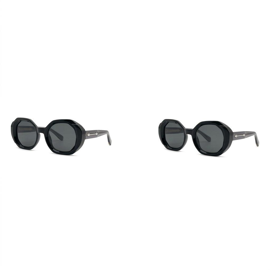 Black chunky faceted round sunglasses with silver-tone arrow details