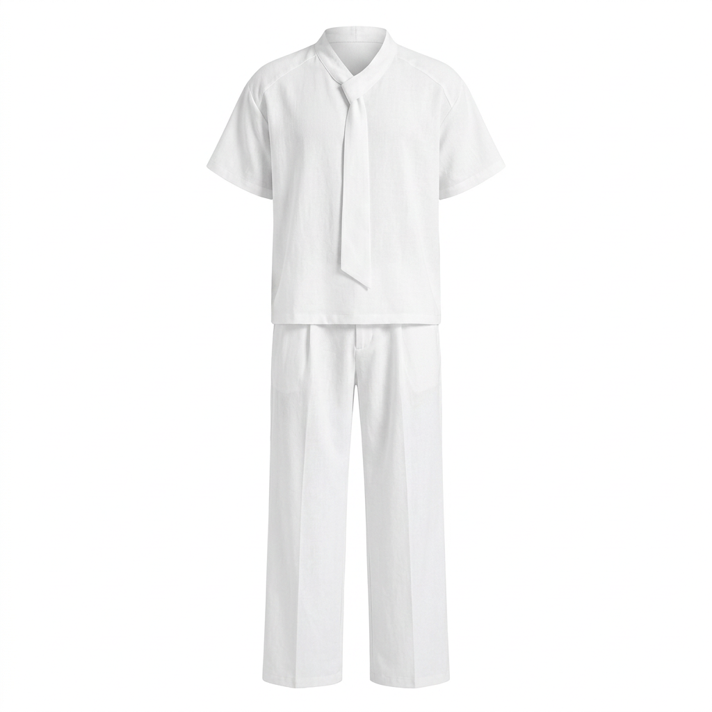 White tie-neck shirt and wide-leg trouser set in shaped ghost mannequin view