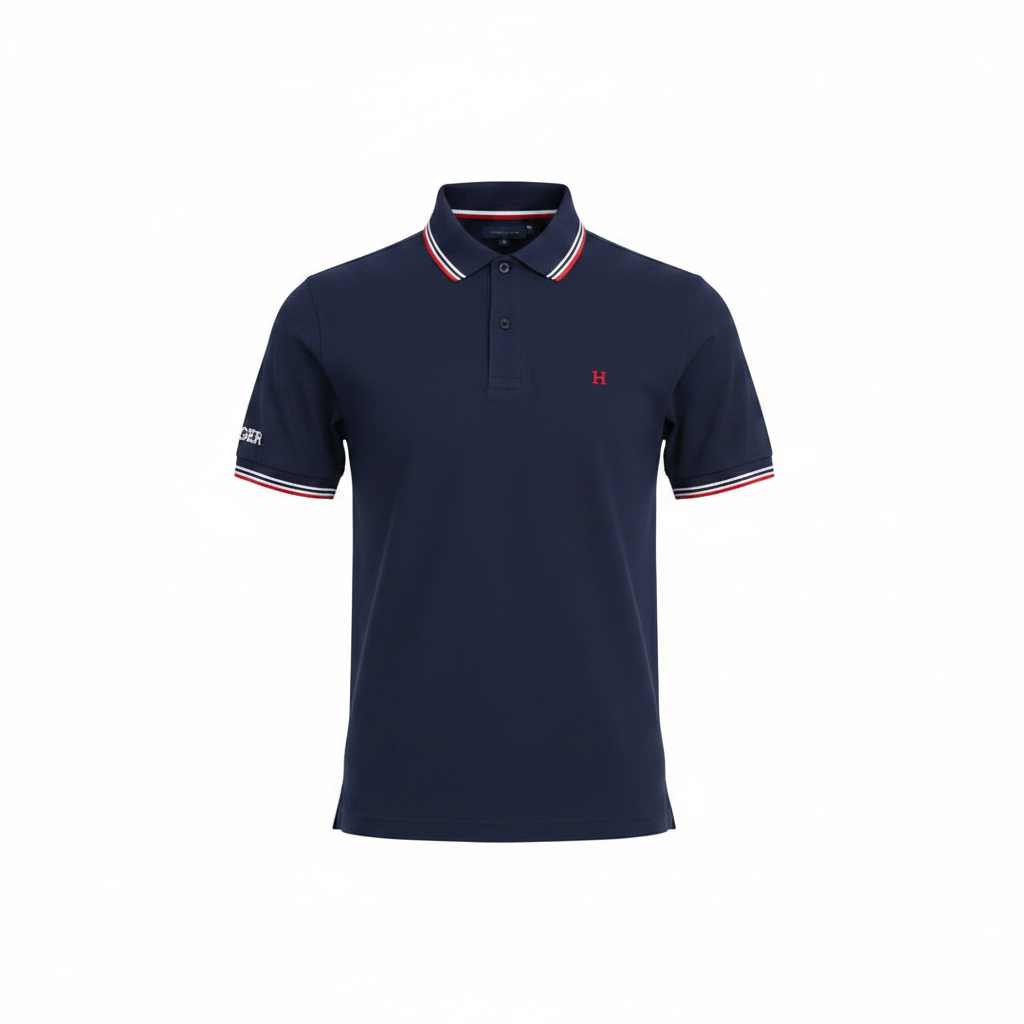 Ghost mannequin view of navy blue polo shirt with white and red stripe tipped collar and cuffs