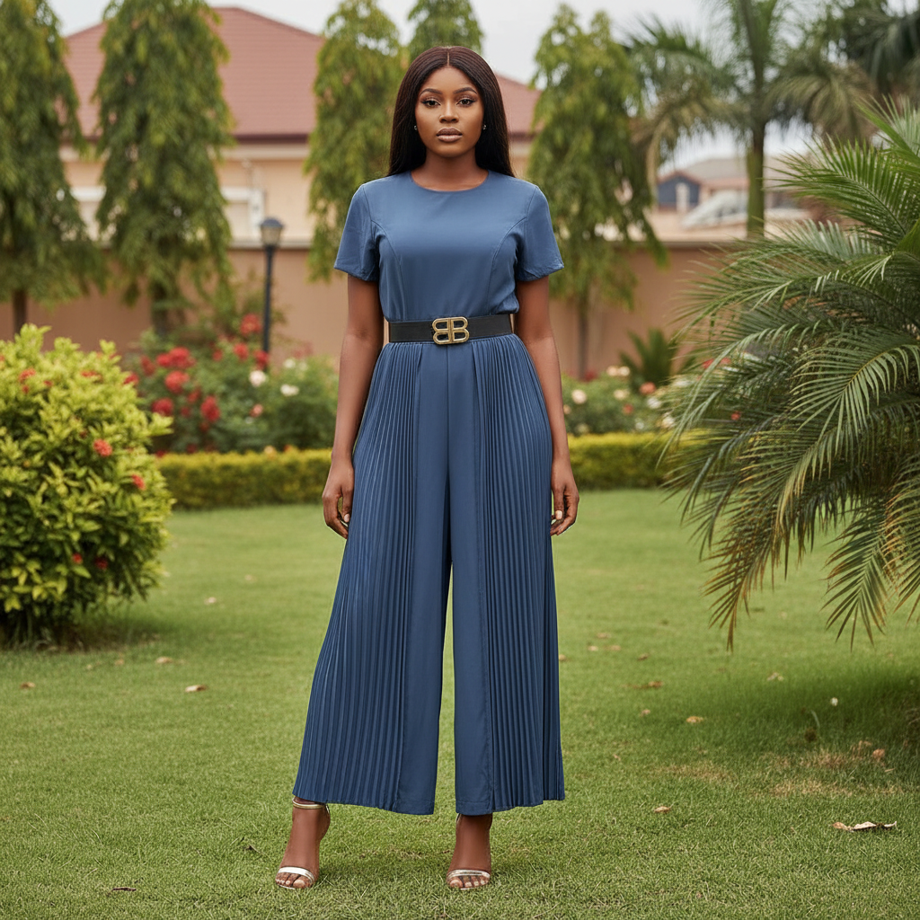 Women's steel blue short-sleeve pleated wide-leg belted jumpsuit - model shot