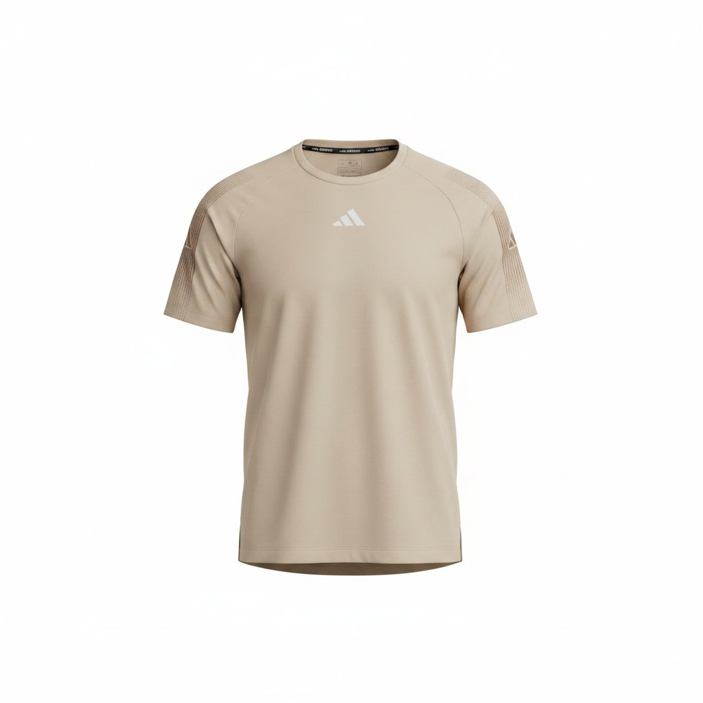 Men's beige tonal shoulder-band sports jersey ghost mannequin front view