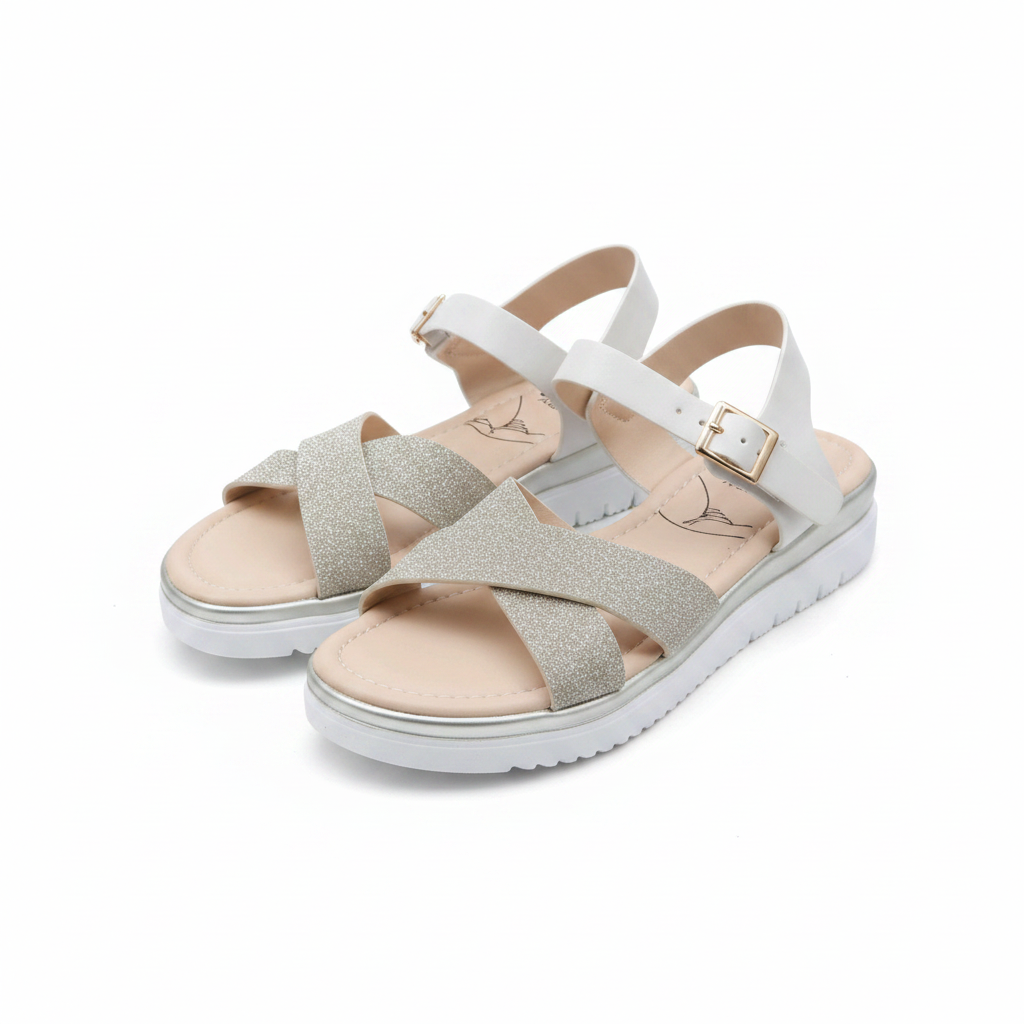 Women's silver glitter cross-strap platform sandal ghost mannequin pair view
