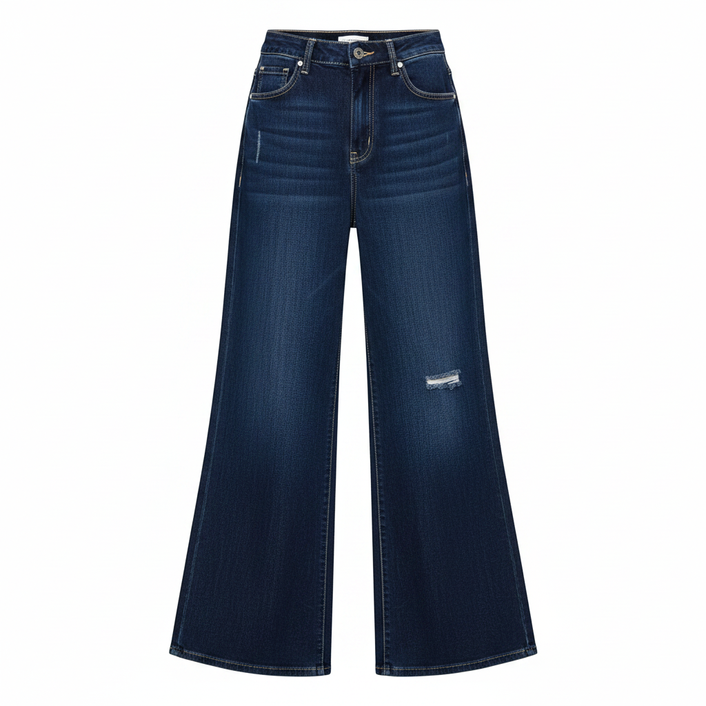 Dark Navy Blue Distressed Wide-Leg Jeans - Ghost Mannequin Front