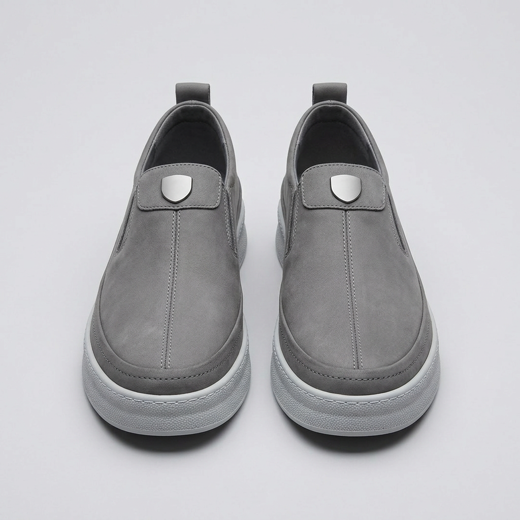 Men's grey slip-on sneakers with chunky platform sole, straight-on view of the pair