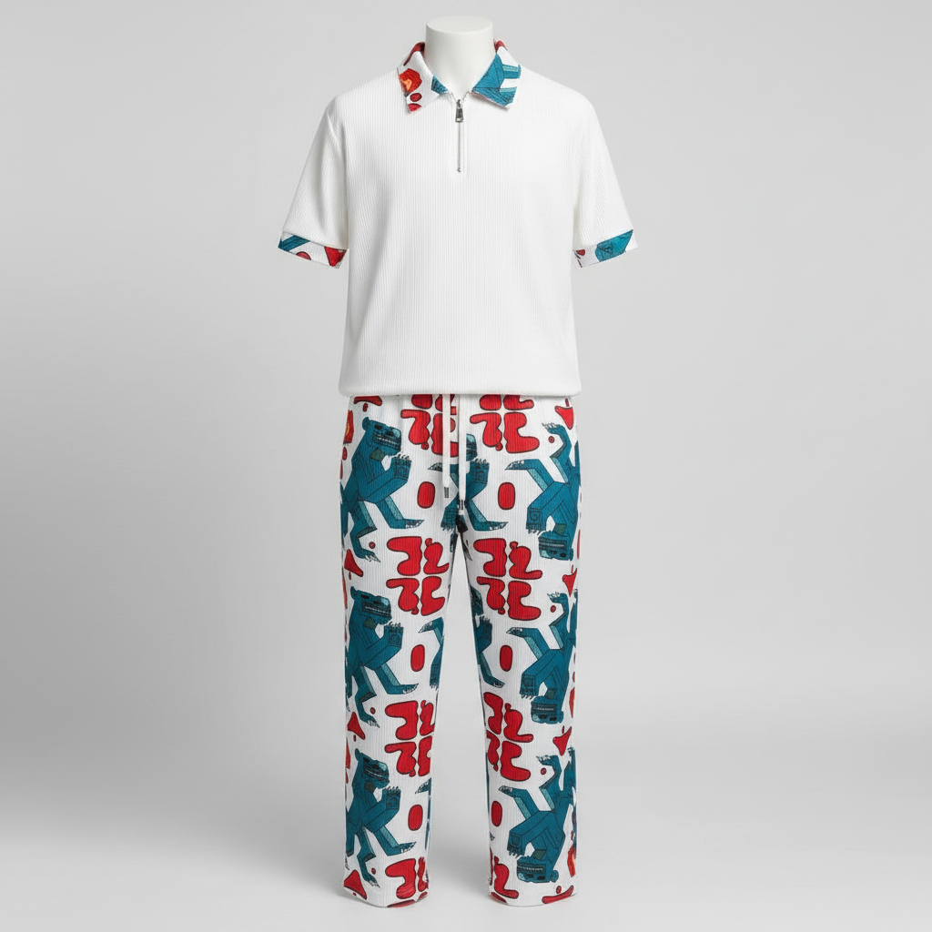 Ghost mannequin white ribbed abstract print polo and trouser two-piece set