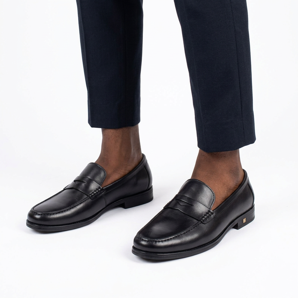 Pair of black penny loafers properly worn with tailored trousers