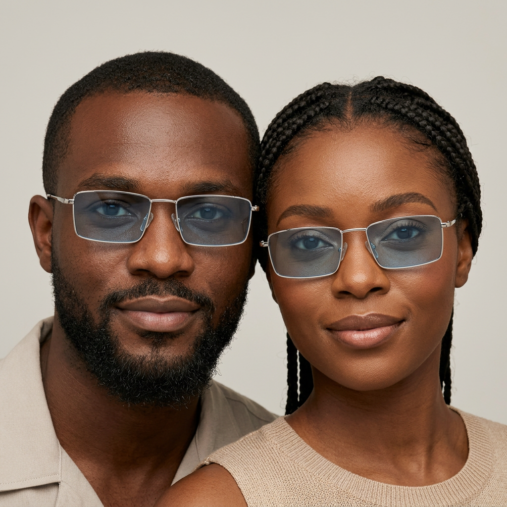 AI-generated adults wearing silver-tone rectangular blue sunglasses