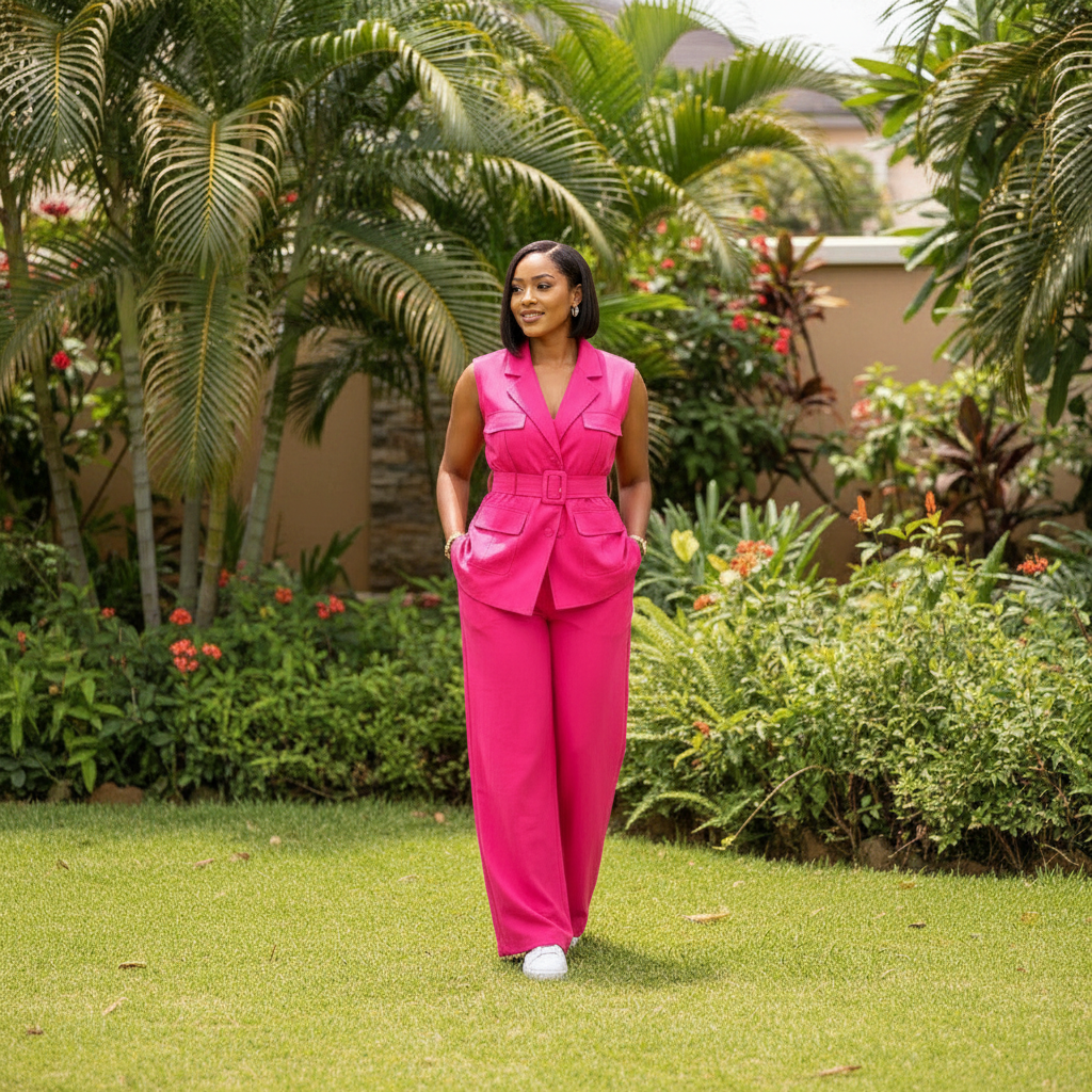 Women's sleeveless belted blazer vest co-ord set in hot pink – Nigerian female model front view