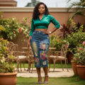 Nigerian female model wearing Women's Blue Denim Floral Embellished Midi Pencil Skirt