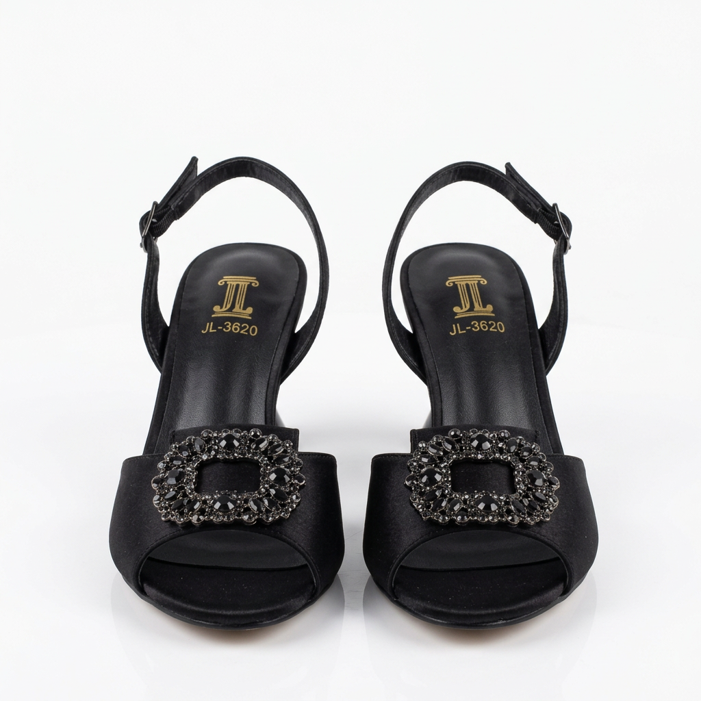 Black embellished slingback heeled sandals pair