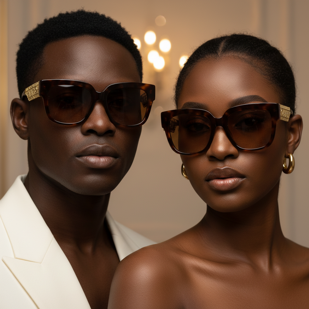 Nigerian male and female models wearing oversized square cat-eye sunglasses tortoiseshell frame gold diamond mesh panel solid amber brown lens