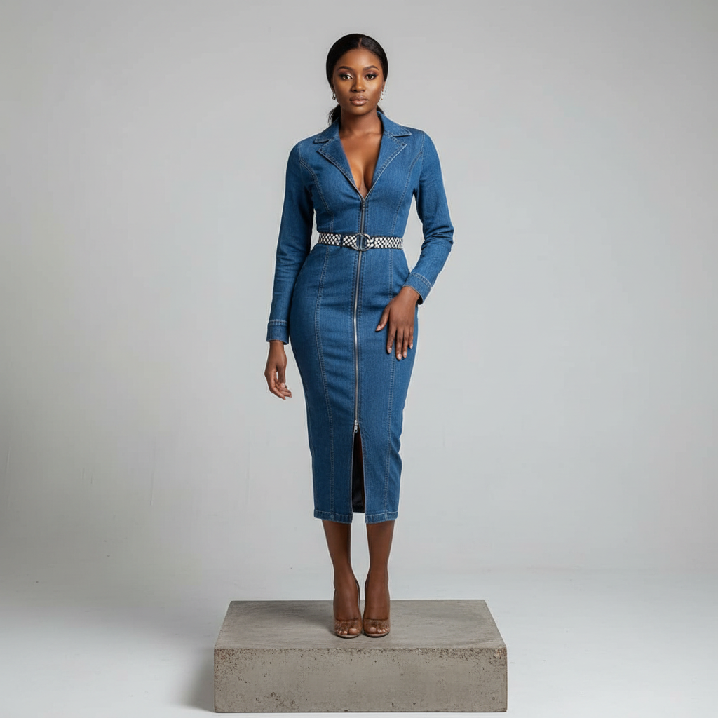 Blue Denim Midi Dress with Belt - Model Front
