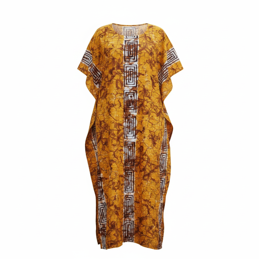 Ghost mannequin view of women's mustard yellow floral bubu dress with geometric border detail