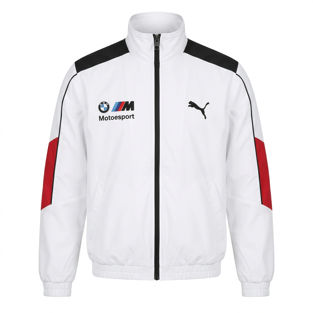 White black and red zip-front track jacket on an invisible mannequin against white