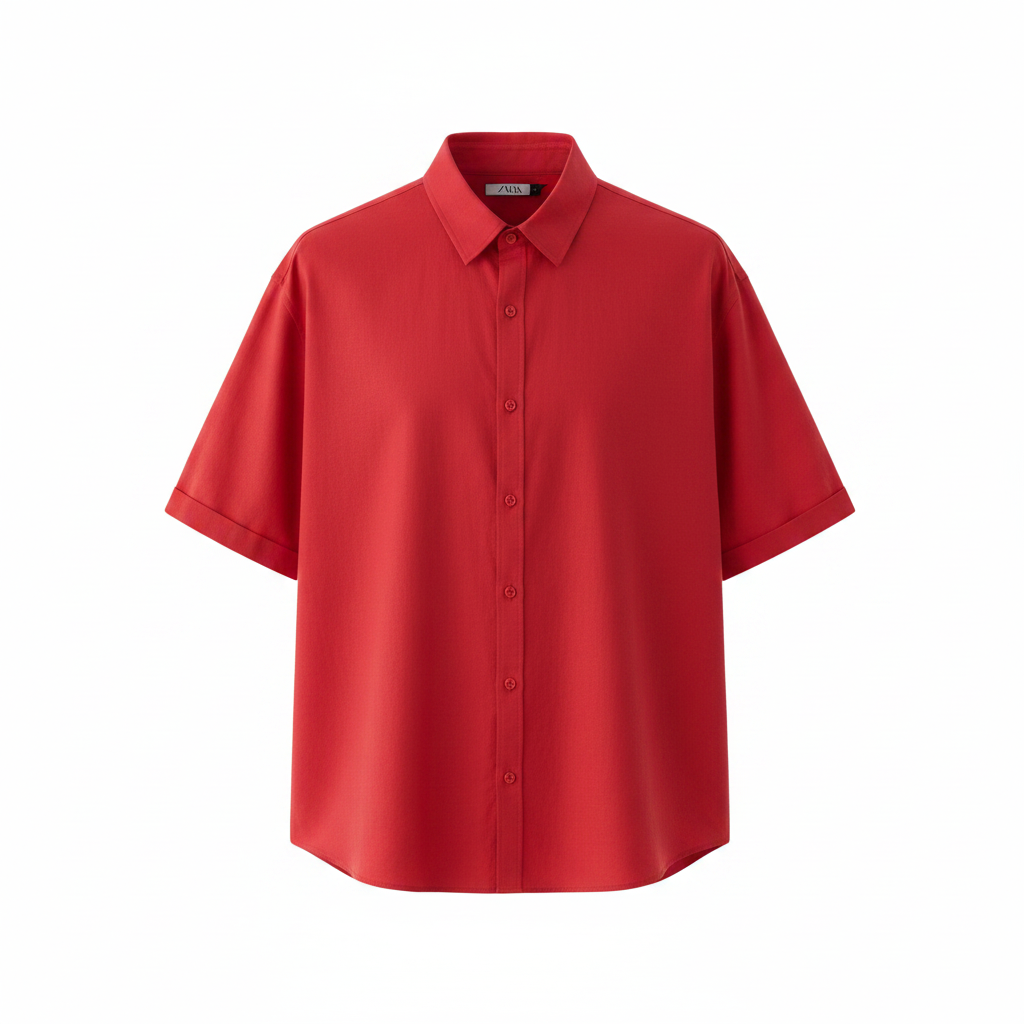 Men's red oversized short-sleeve button-down shirt – ghost mannequin front view