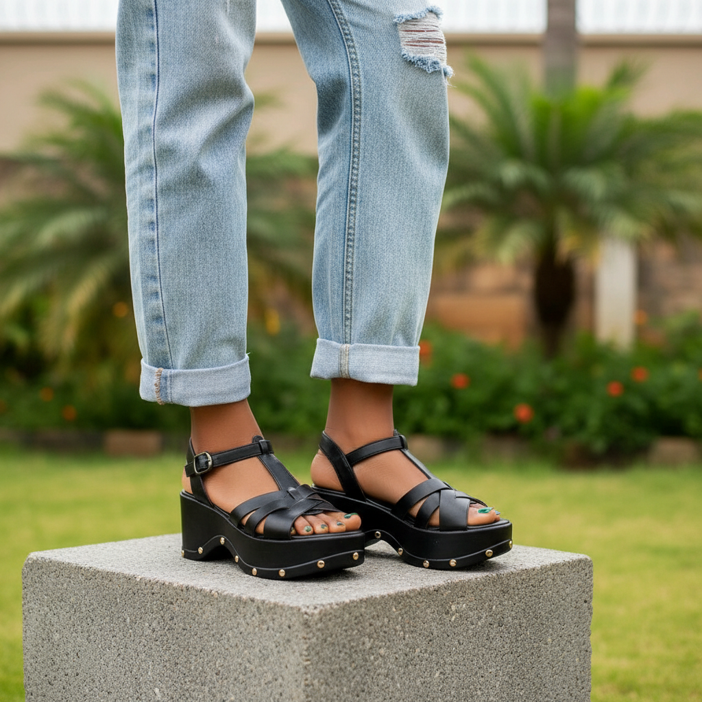 Women's T-Bar Platform Wedge Sandal - Black Model Leg Focus