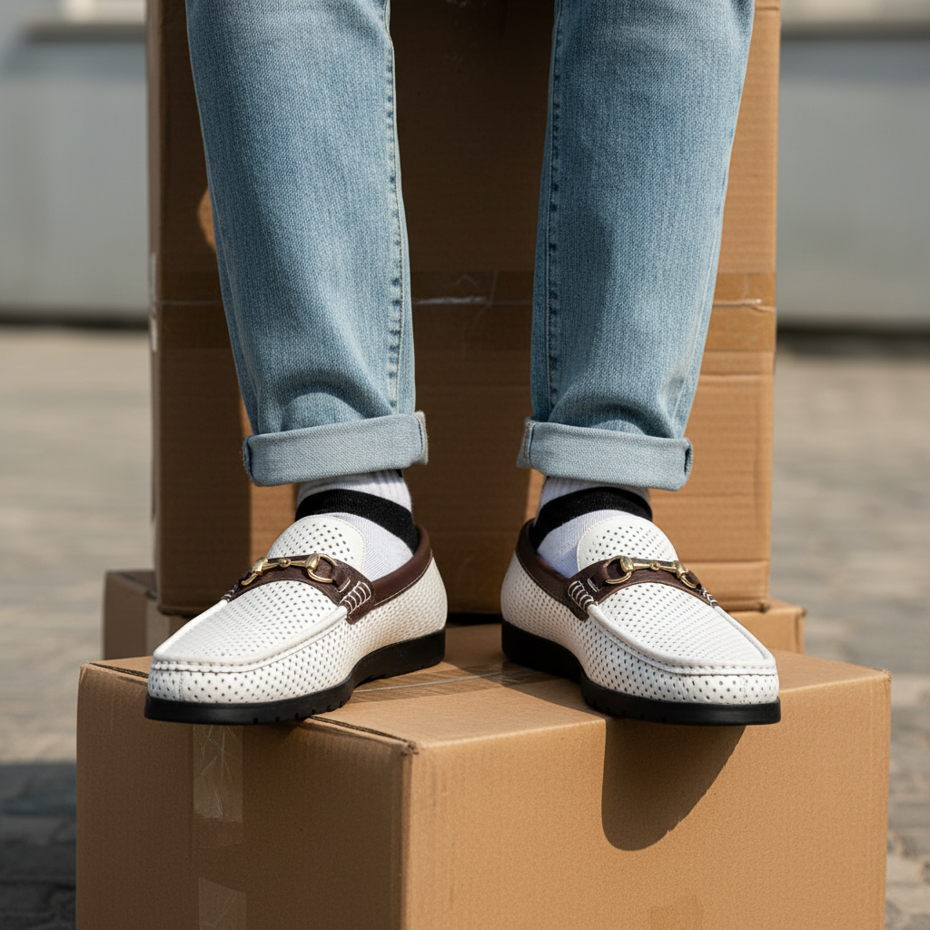 Men's White Perforated Leather Brown-Trim Gold Horsebit Loafers – Leg Model Shot