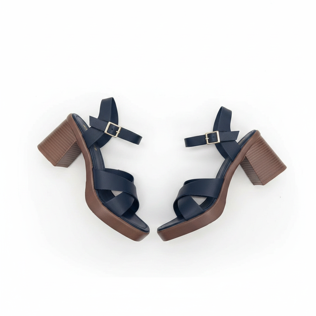 Women's navy blue cross-strap block heel platform sandal — ghost mannequin view