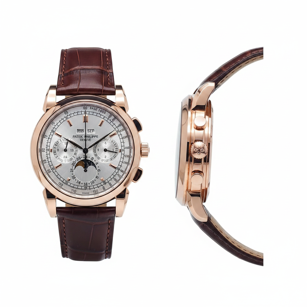 Men's rose gold chronograph moon phase complication watch — ghost mannequin front and side view, brown leather strap