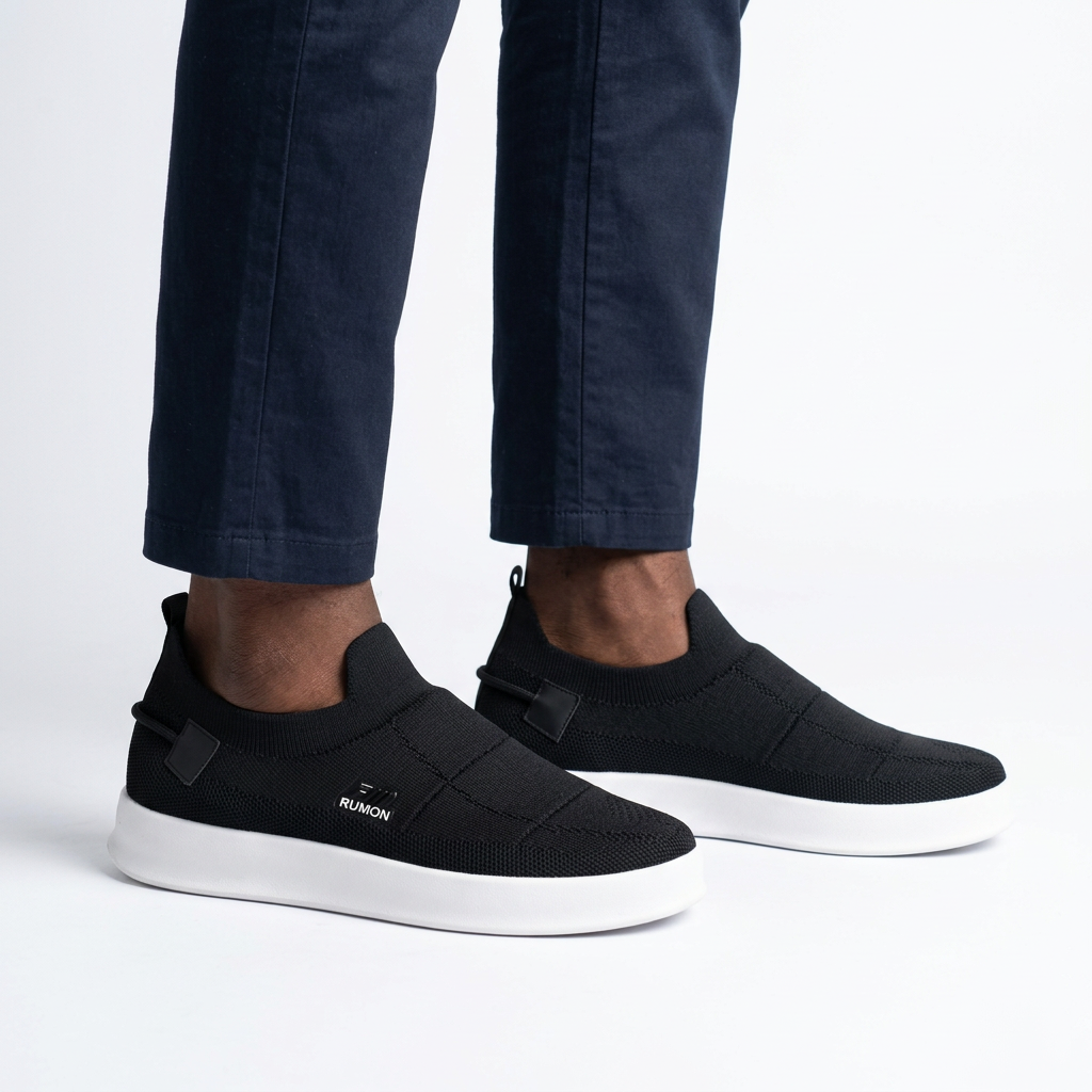 Black knit slip-on sneakers worn on both feet by a Black male model on a plain white background
