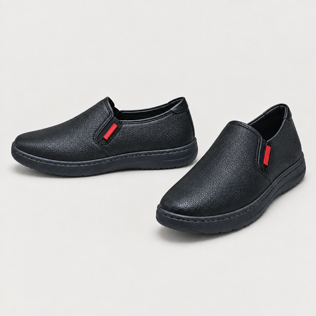 Black textured slip-on shoes, pair views