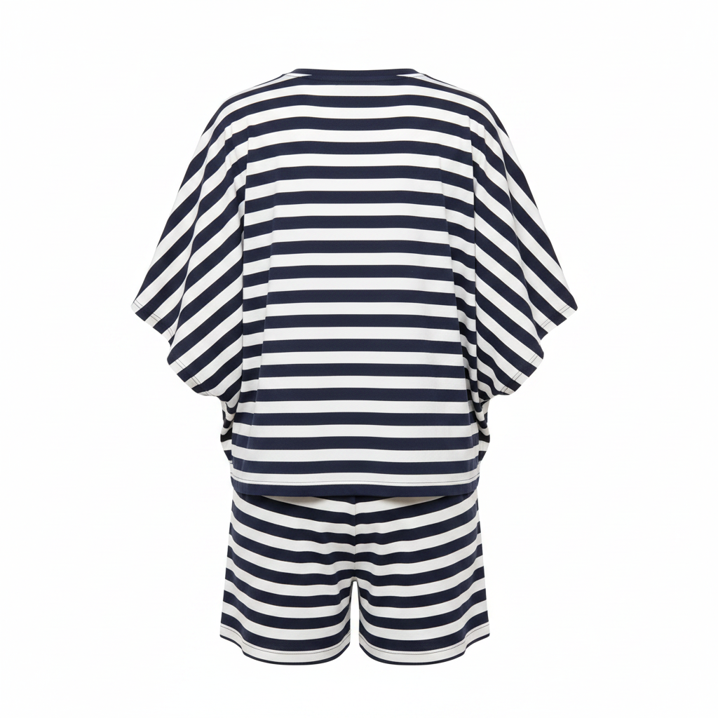 Ghost mannequin back view of Navy Striped Batwing Top and Shorts Co-ord Set