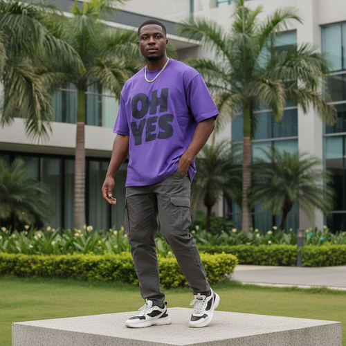 Purple OH YES Bold Text Graphic Short-Sleeved Shirt - Model Front