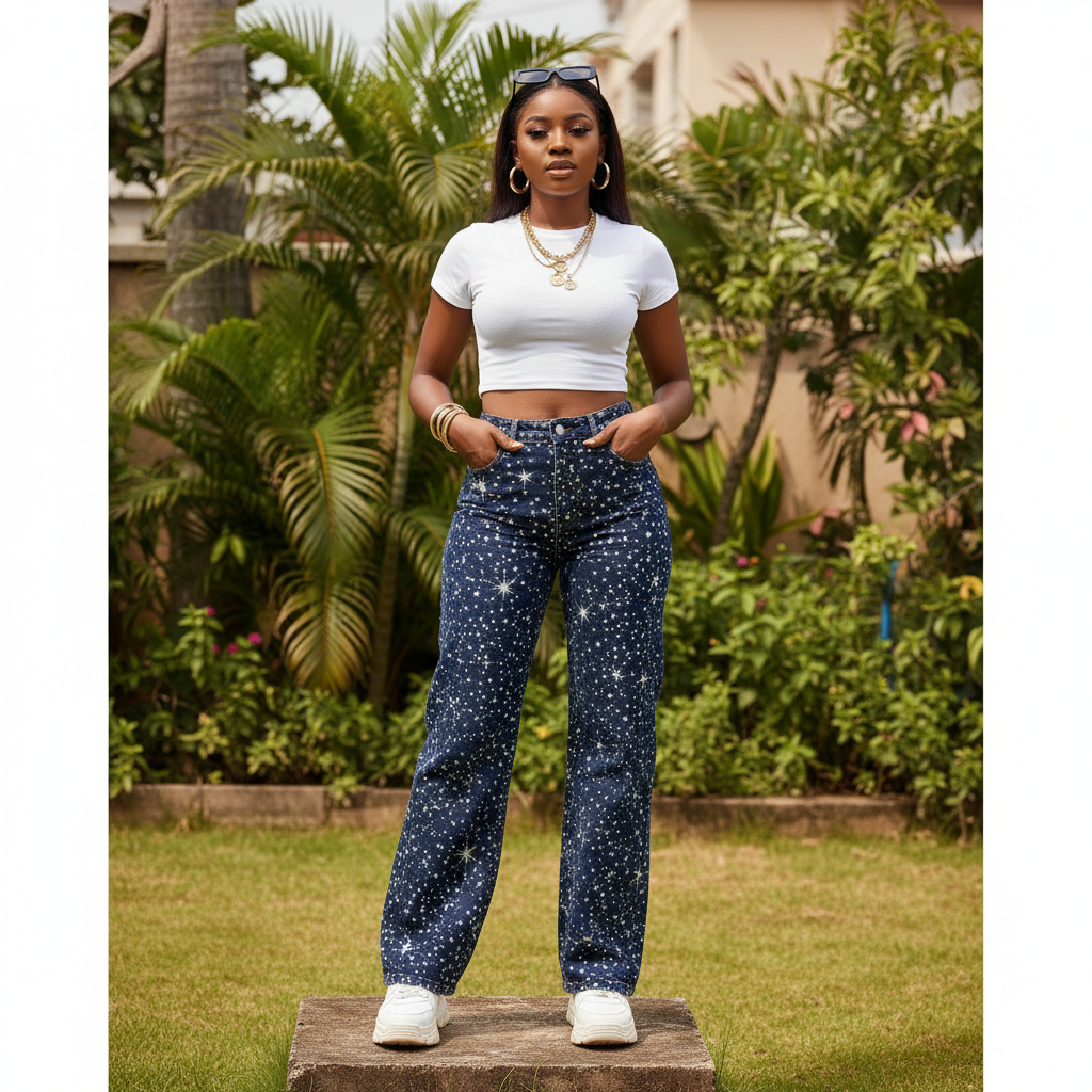 Nigerian female model wearing women's navy blue star print wide-leg denim jeans, garden setting