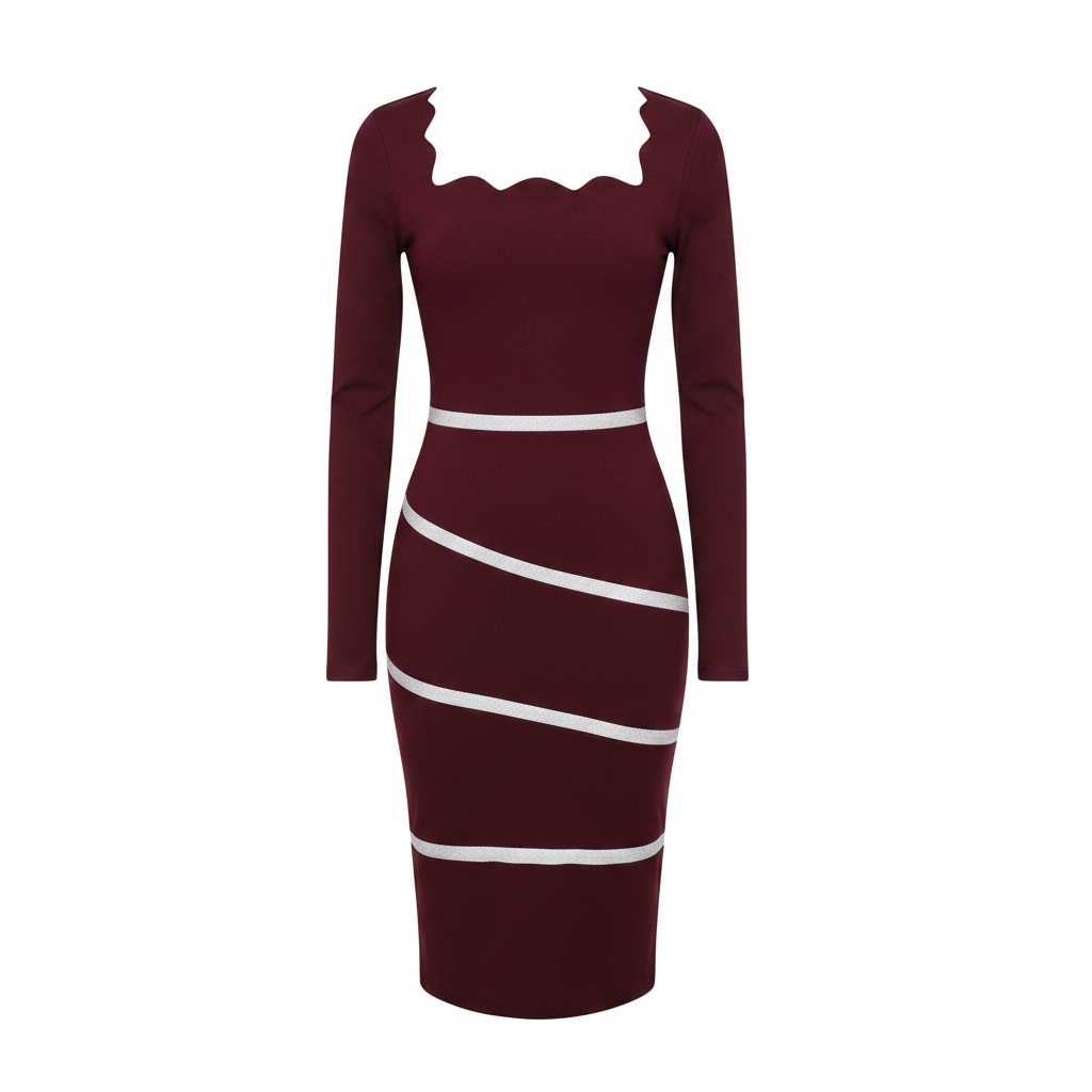 Ghost mannequin view of Women's Burgundy Scallop-Neck Stripe-Trim Long-Sleeve Bodycon Midi Dress