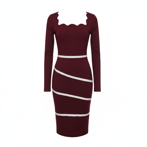 Ghost mannequin view of Women's Burgundy Scallop-Neck Stripe-Trim Long-Sleeve Bodycon Midi Dress