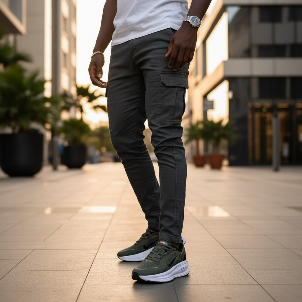 Nigerian male model wearing Nike ZoomX olive green running sneakers, leg focus lifestyle shot