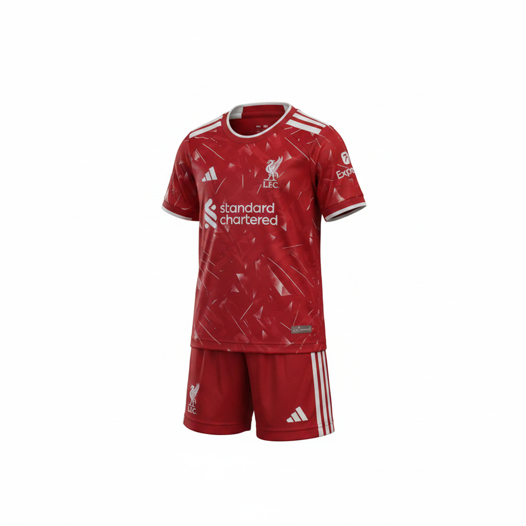 Liverpool FC kids football kit ghost mannequin — red Adidas jersey and shorts with white geometric pattern