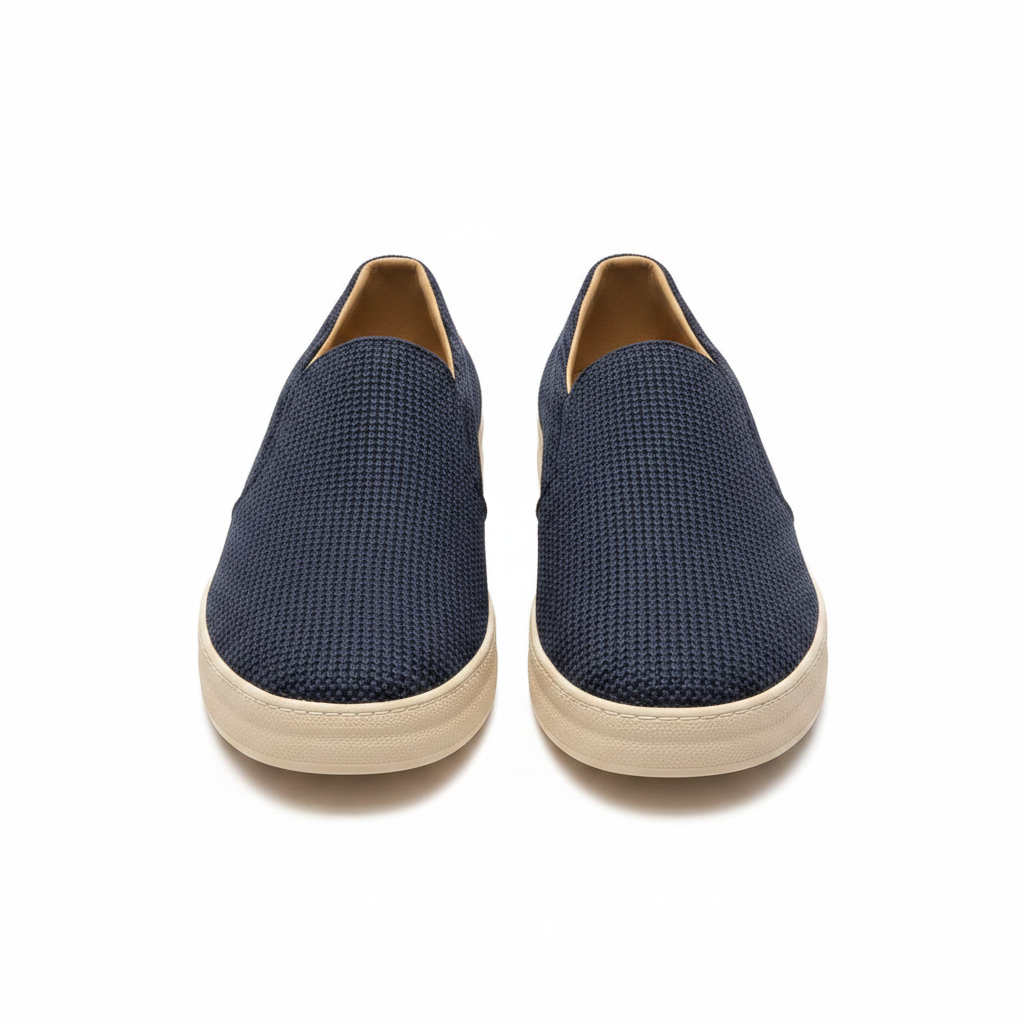 Men's navy blue woven knit slip-on casual sneakers with cream sole pair product shot