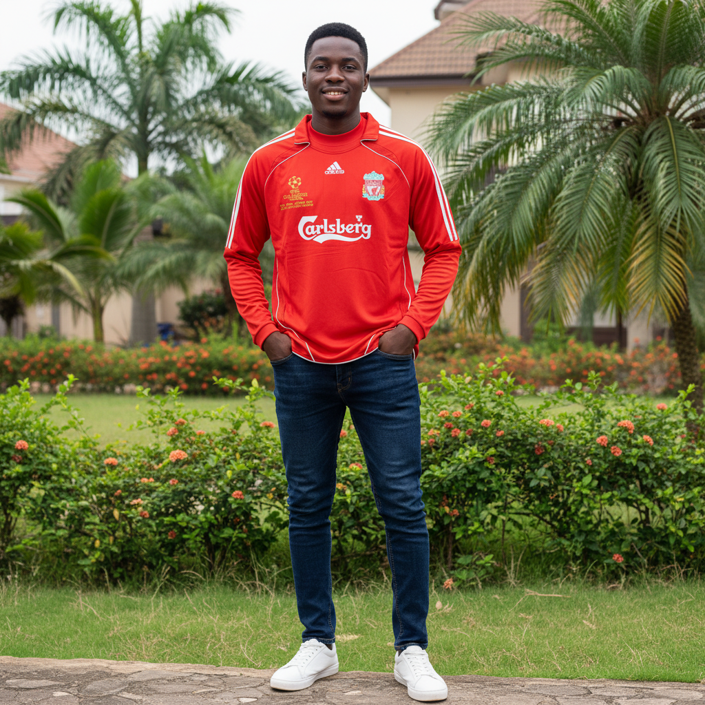 Red long-sleeve retro football jersey Champions League Final Athens 2007 — Nigerian male model front view