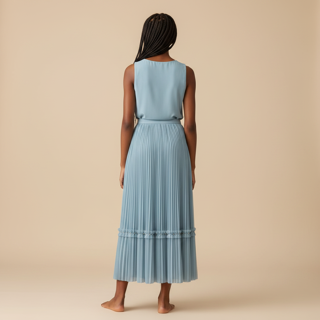 Nigerian girl wearing dusty blue pleated midi skirt - back view