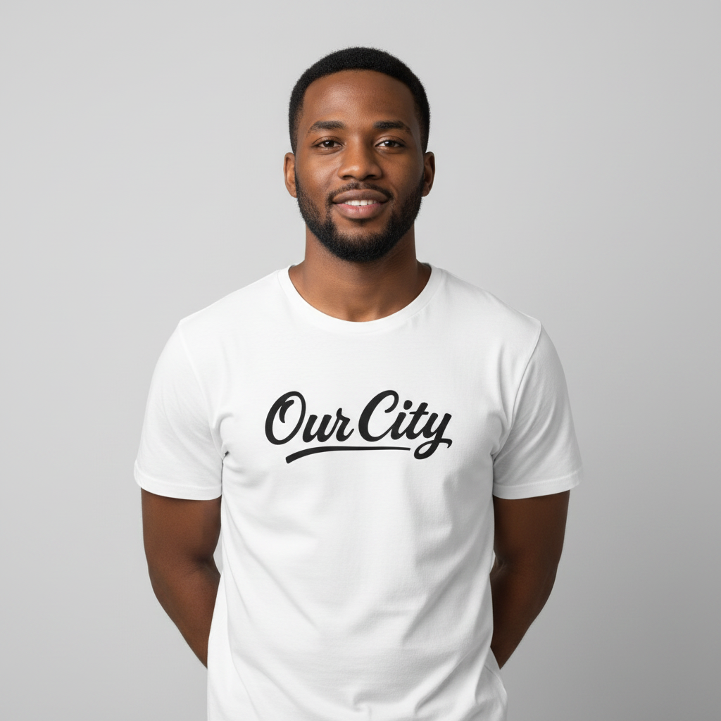 Our City Script Graphic Tee – Model Front View