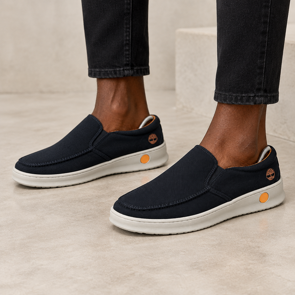 Navy blue slip-on shoes worn on both feet