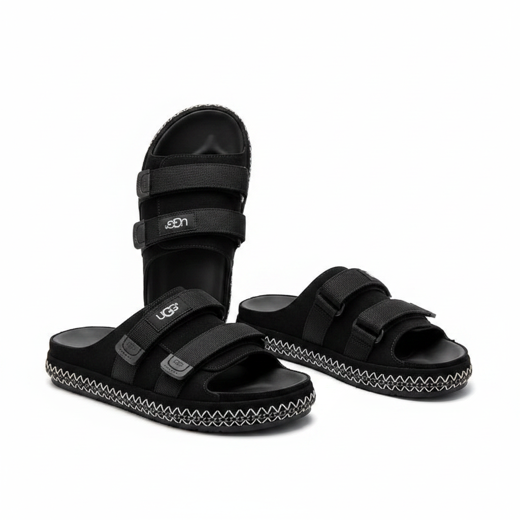 Black UGG-style double-strap velcro slide sandal ghost mannequin product shot, plain white background